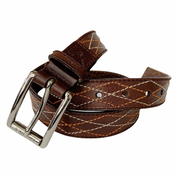 Michael Kors Brown Leather Belt with Orange and Ivory Stitching Size Medium - Picture 1 of 7